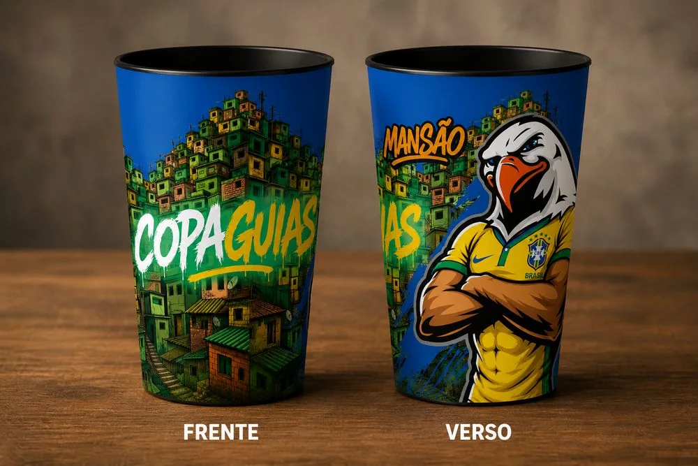 Copo label personalizado produzido pela Matrici, mostrado de frente e de verso, com arte colorida impressa em 360 graus