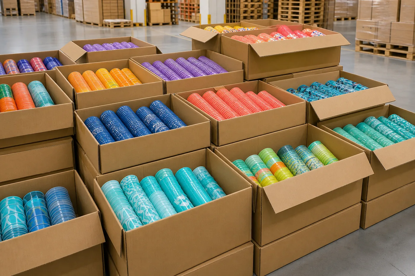 Caixas abertas cheias de copos label personalizados prontos para expedição na fábrica