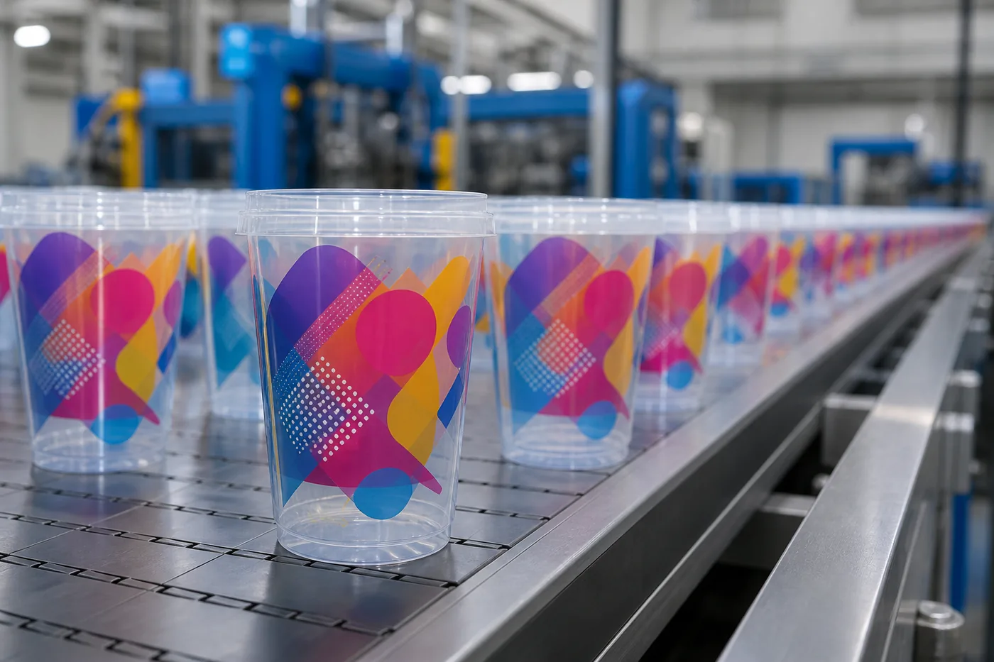 Copos label recém injetados alinhados na esteira de produção dentro da fábrica da Matrici