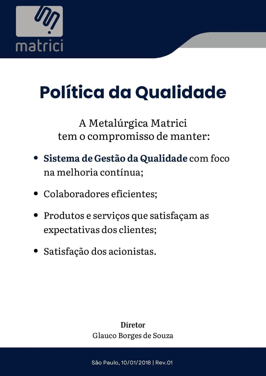 Documento da Política da Qualidade da Metalúrgica Matrici assinado pela diretoria