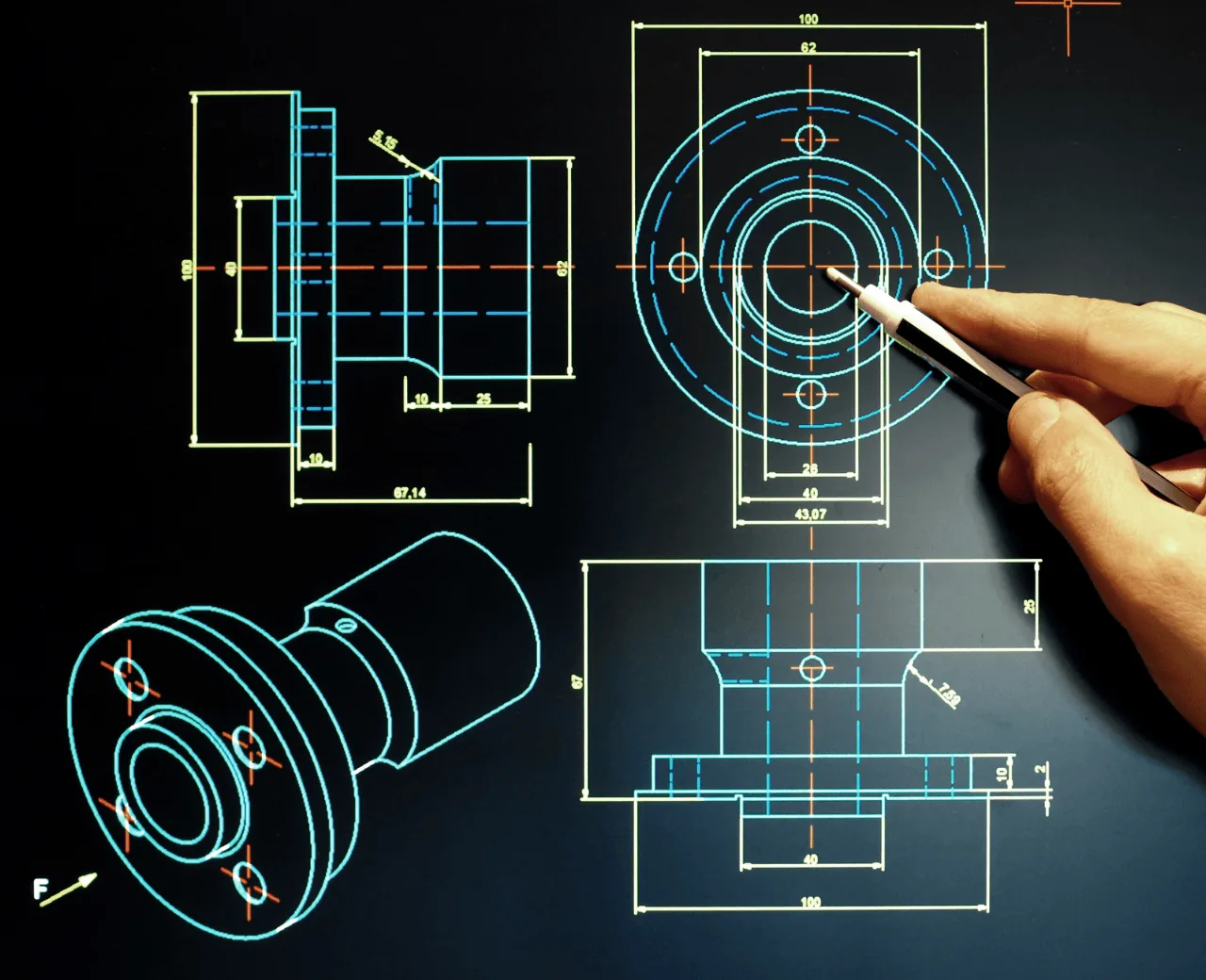 Desenho técnico de ferramental em CAD com vistas, cortes e cotas dimensionais